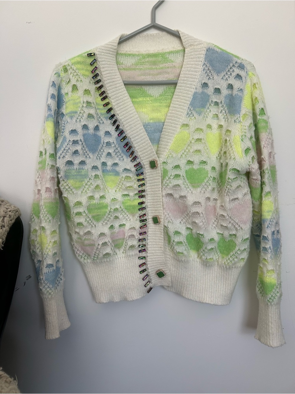 Neon Green Heart Pattern Cardigan Sweater with Jewelled Buttons